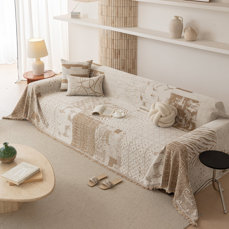 Jeté de canapé en patchwork beige rétro avec patchwork et housse de canapé en chenille, 71" H x 150" W