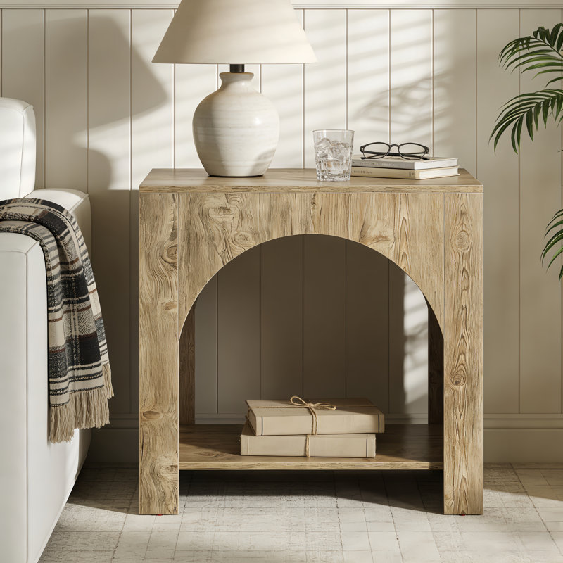 2 Tier Wood End Side Table With Innovative Arched Design, Light Oak