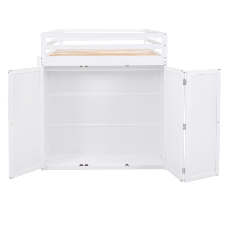 Lit mezzanine double blanc avec tiroirs, bureau et garde-robe - peu encombrant pour les dortoirs Lit, bureau, garde-robe, lattes, support