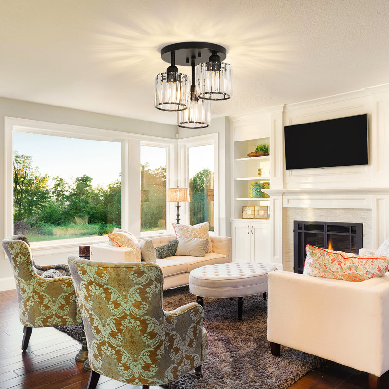 3-Light 11.8" Modern Flush Mount Ceiling Light Fixture With Clear Crystal Glass Shades, Matte Black