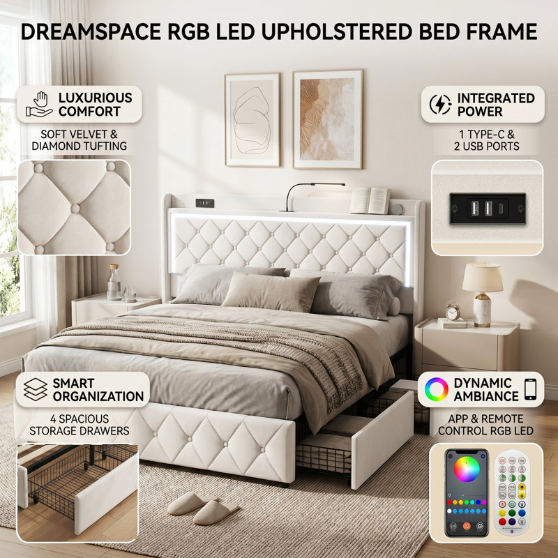 Velvet Storage Bed With 4 Drawers & LED Headboard, Upholstered Frame With USB-C Port, European Double & King, Beige