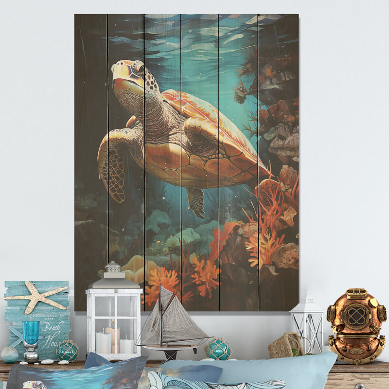 Tortue sous-marine surréelle, art mural sur bois de pin naturel, H 20 po x l 10 po