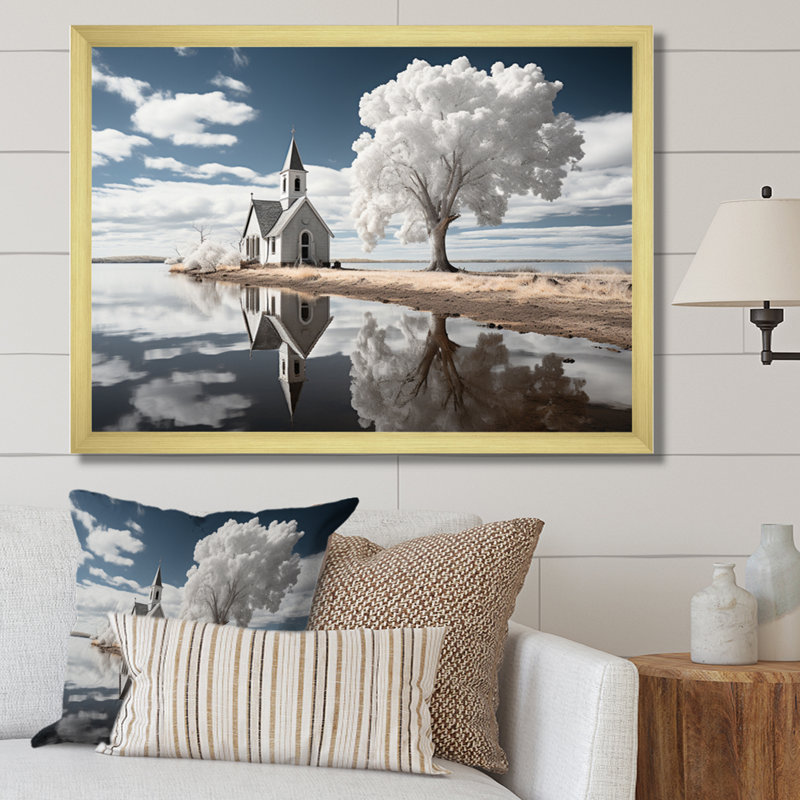 "Landscape Church Sacred Reflections II", reproduction d'art sur toile, Cadre naturel flottant, H 34 po x l 44 po x P 1,5 po