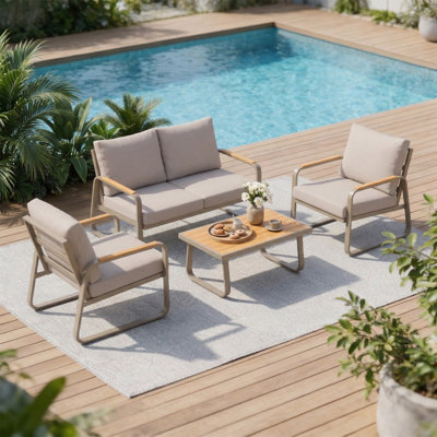 4 Piece Patio Furniture Set, Outdoor Conversation Set with Loveseat, 2 Armchairs, Coffee Table and Cushions, Garden Furniture with Metal Frame for Poolside Porch, Brown