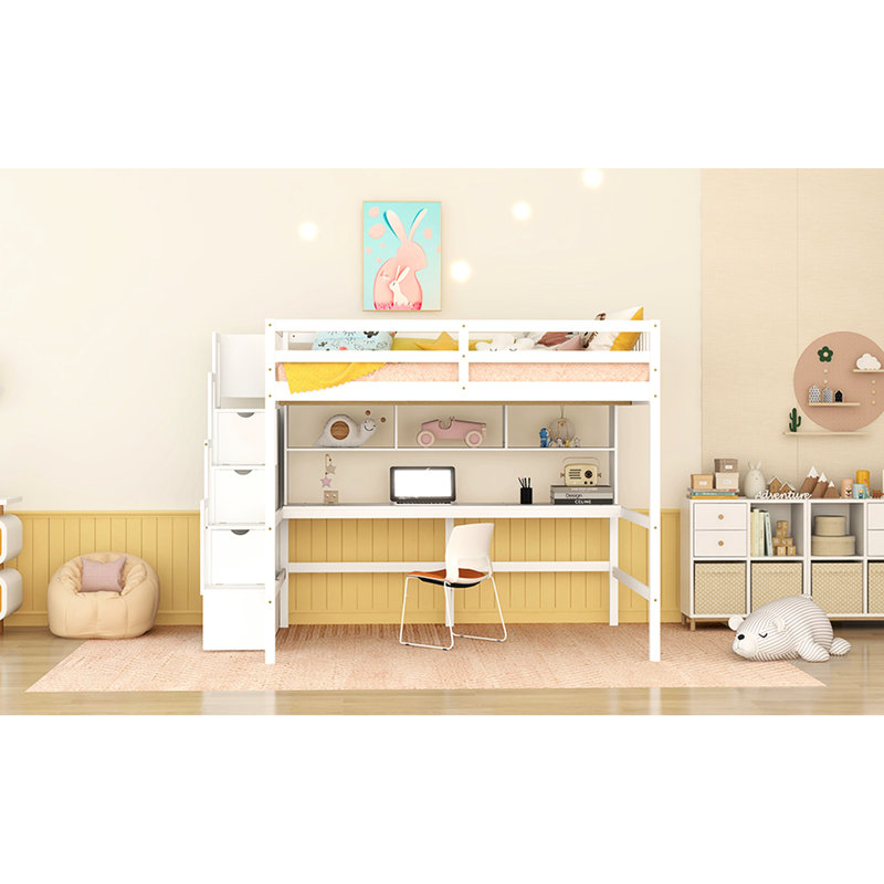 Lit mezzanine blanc avec bureau, étagères et rangement pour escalier - Créez un espace de chambre à coucher fonctionnel