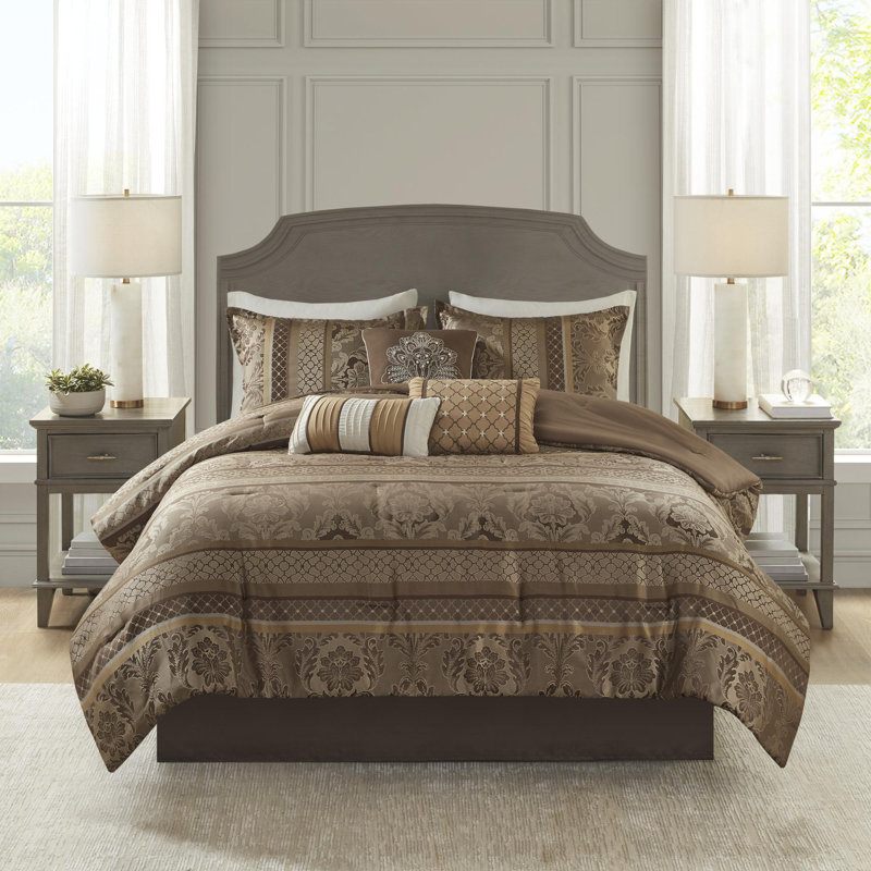 Ensemble d'édredon en polyester jacquard 7 pièces, Brun; or, Grand édredon et 6 pièces supplémentaires