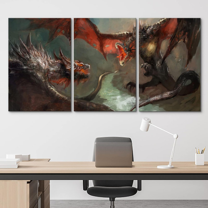 «Dueling Mystic Ancient Dragons on Canvas», reproduction de 3 pièces