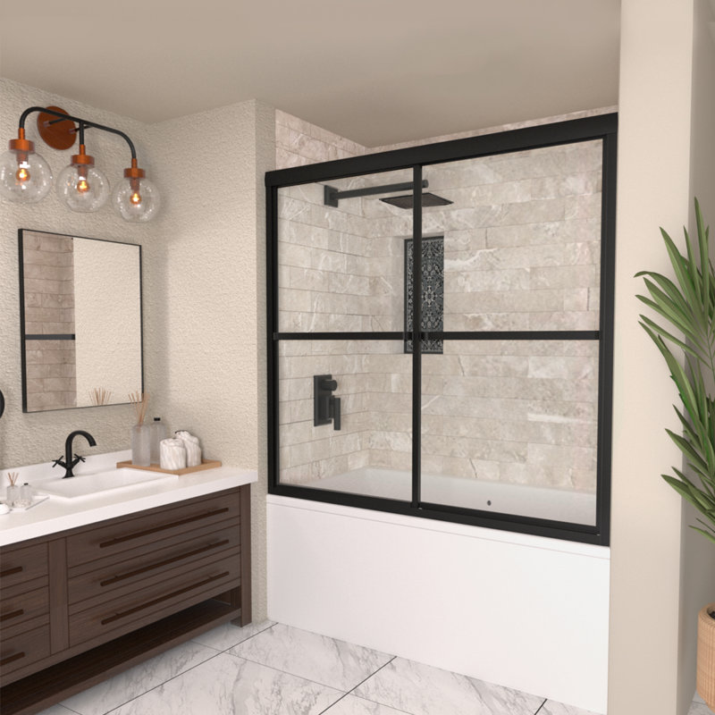 Porte de baignoire coulissante double semi-cadre l 59 po x H 56 po, Noir mat