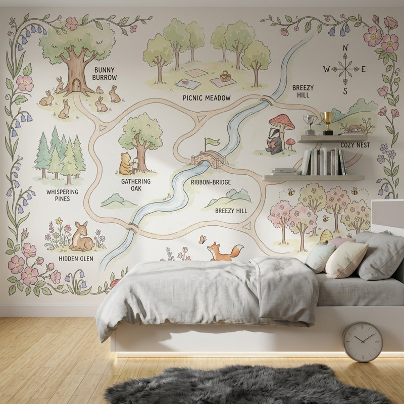 Whimsical Woodland Map Wallpaper Storybook Illustration Pastel Watercolor Wall Mural, 140"x108", Peel and Stick