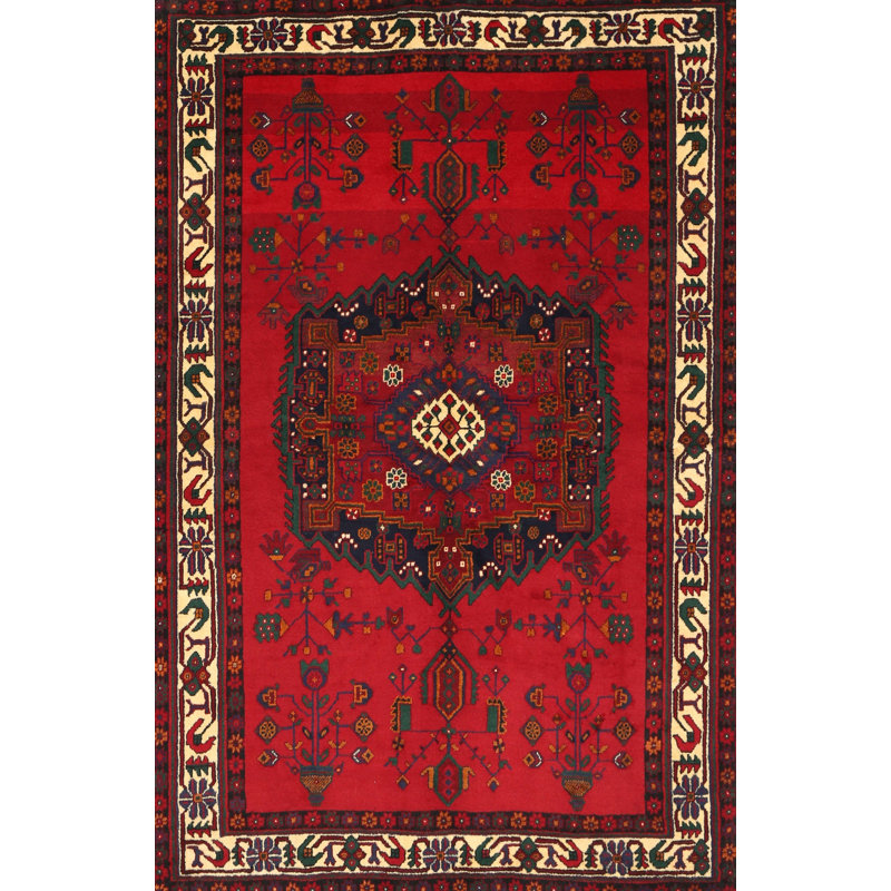 Tapis traditionnel rouge / beige / vert, Rectangle 5 pi x 7 pi