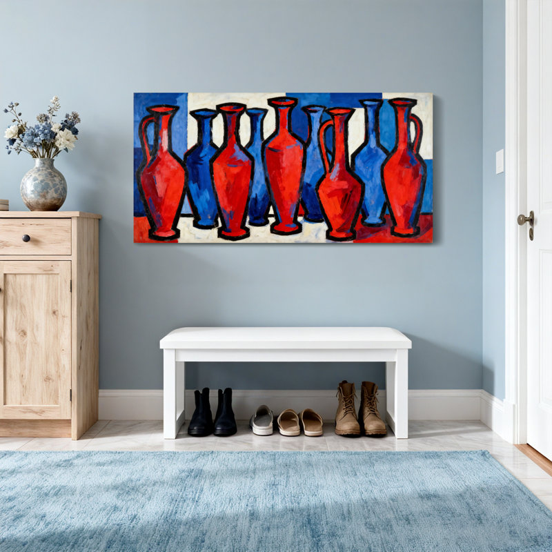 Motif abstrait de vases rouges et bleus, H 28 po x l 58 po
