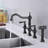 Bridge Dual Handles Kitchen Faucet In Matte Black, With Pull-Out Side Spray, Brass, Rust, , 360-Degree Rotating Coherent Nozzle Faucet, Black Flowing