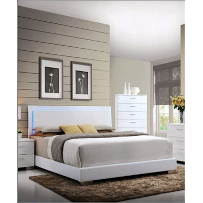 White Synthetic Leather And White Leg Queen Bed With LED