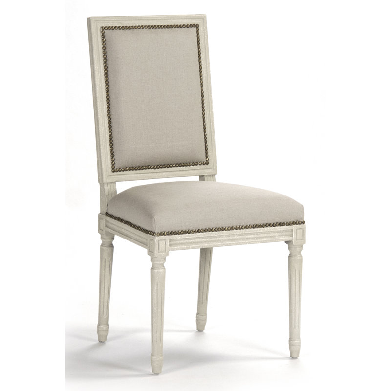 Distressed Ivory Wood Side Chair with Natural Linen and Burlap Upholstery