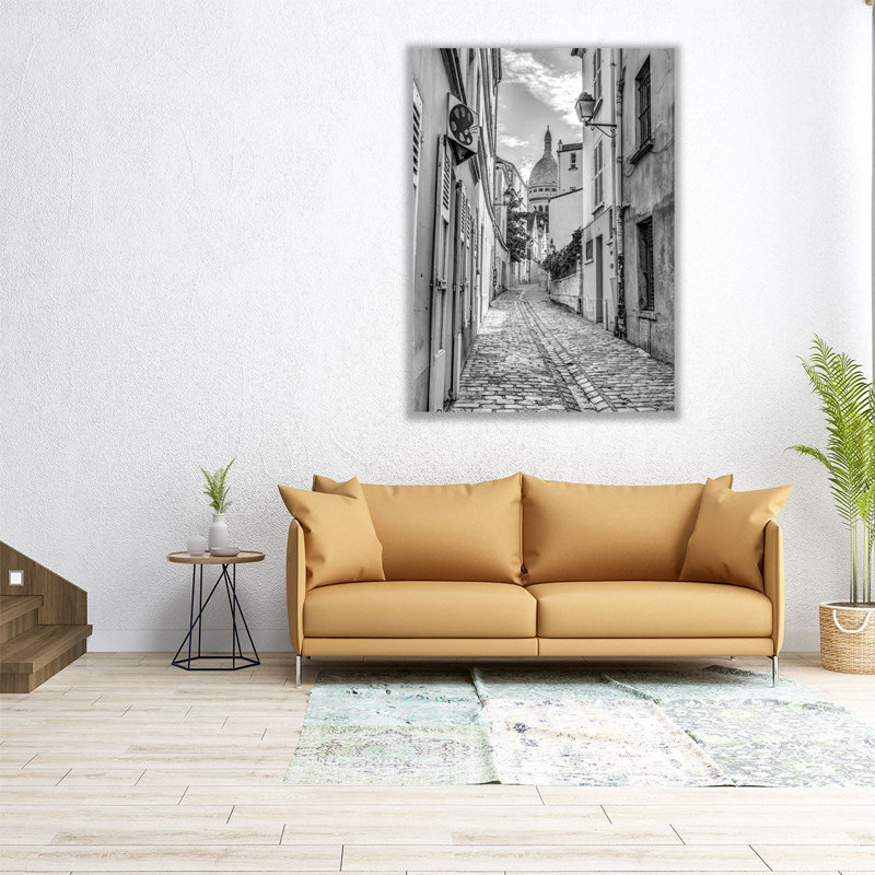 Rue pavée, Montmartre, Paris, noir et blanc - reproduction d'art sur toile, H 48 po x l 36 po