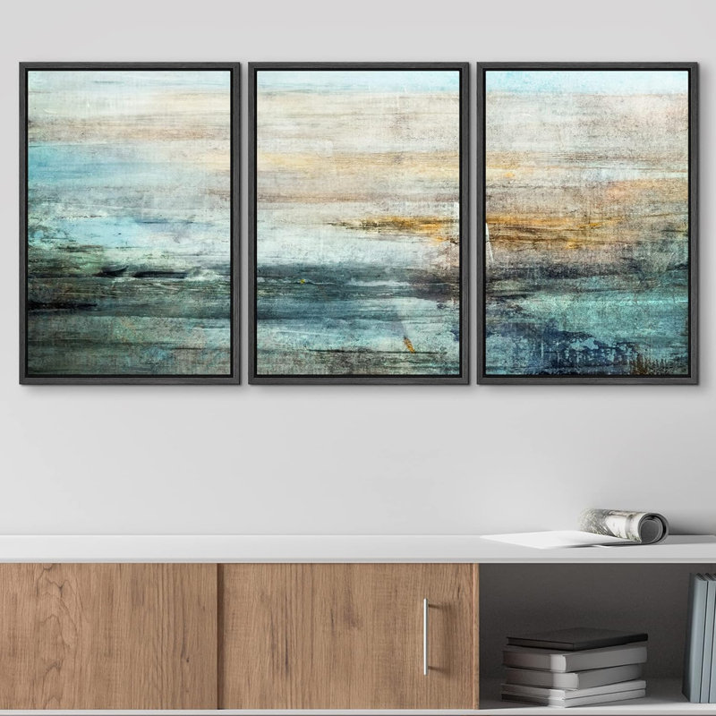 Bleu et orange, champ de couleur grunge, formes abstraites, art moderne et contemporain, 3 pièces, Cadre flottant noir