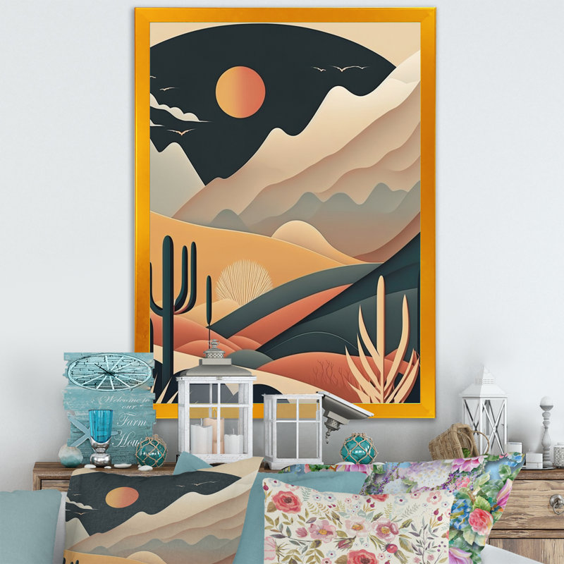 Pleine lune sur les montagnes du désert - montagnes, art mural, H 20 po x l 12 po x P 1 po, Encadrement doré
