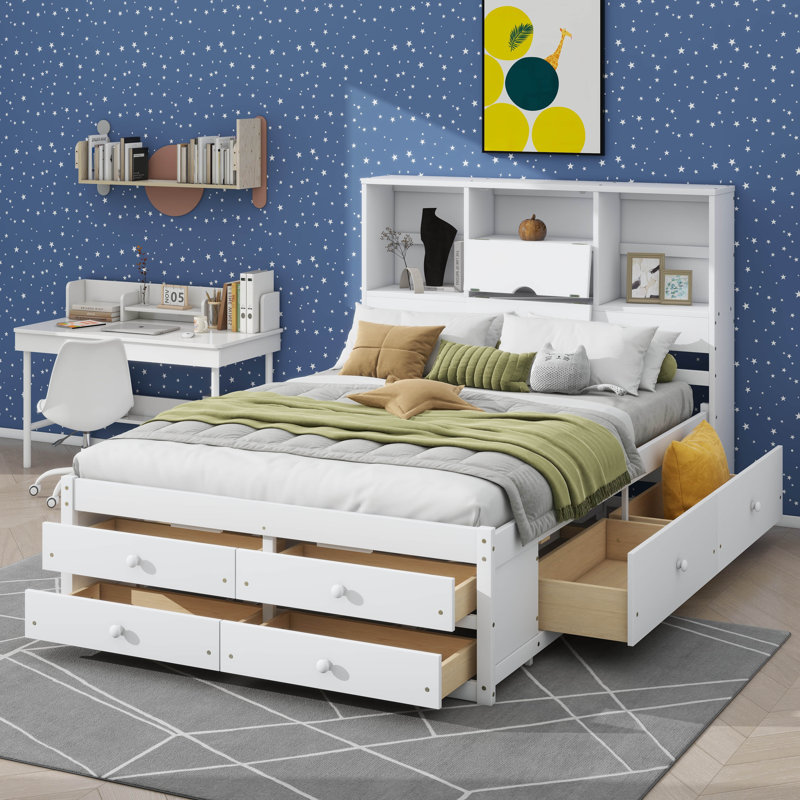 Grand lit plateforme avec tête de lit avec rangement et 8 tiroirs, Grand lit, Blanc