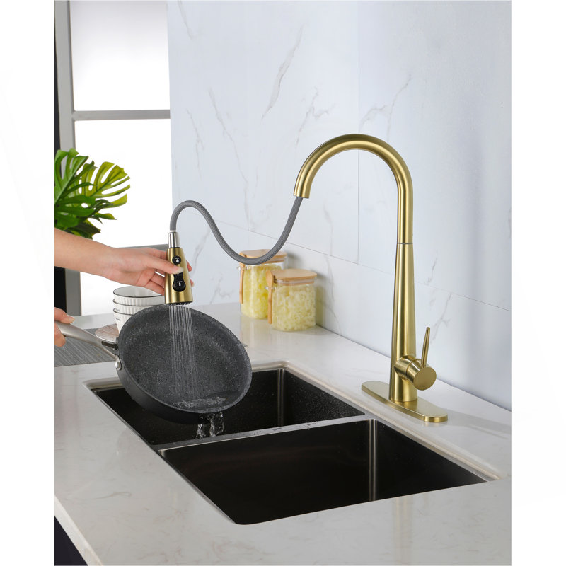 Robinet d'évier de cuisine à poignée simple en acier inoxydable avec douchette extractible, Brushed Gold