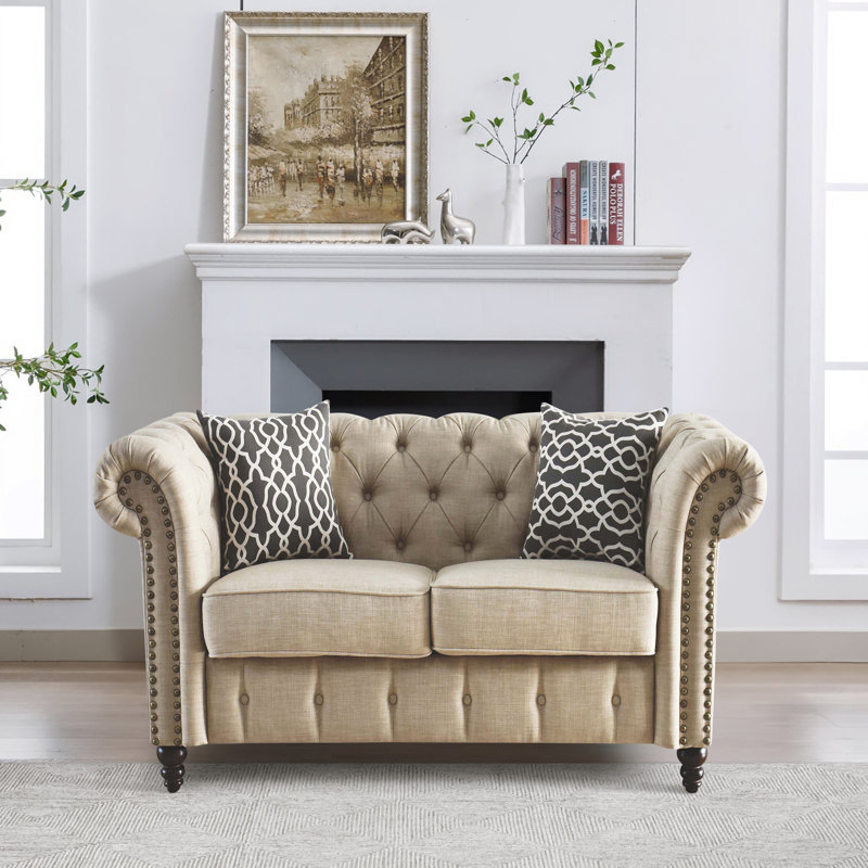 Carlson Chesterfield Loveseat with Accent Pillows, Beige Linen