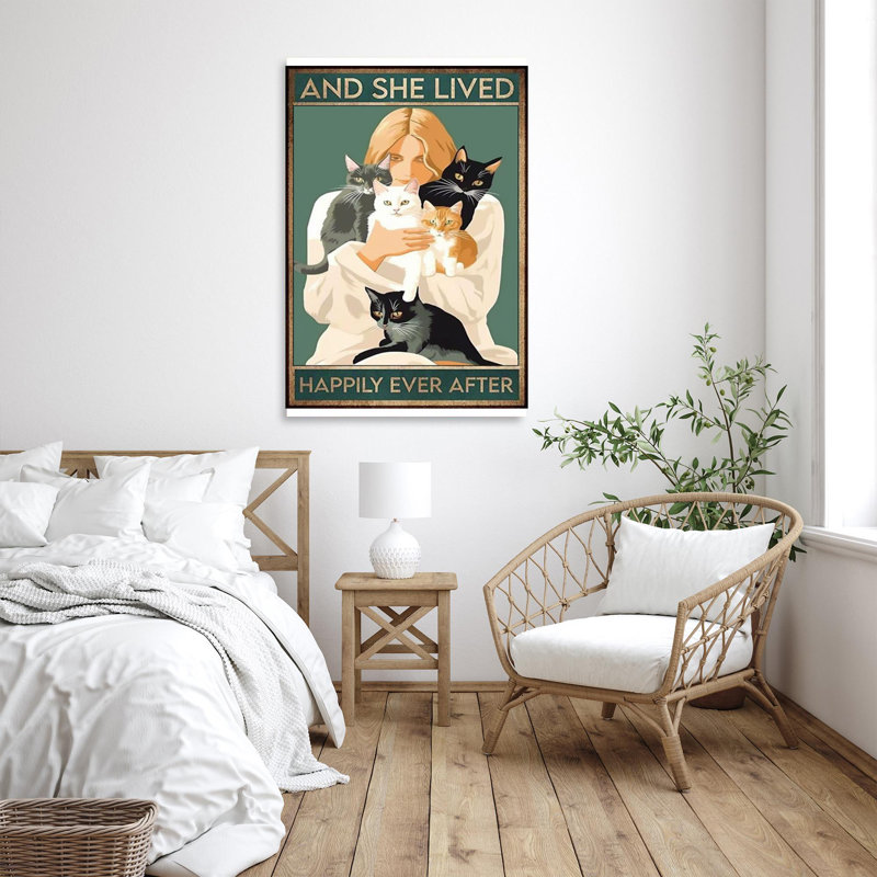«Cats And She Lived Happily», reproduction de toile rectangulaire sur toile 1 pièce, H 36 po x l 24 po x P 1,25 po
