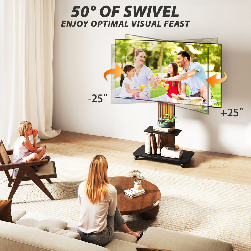 Rolling Tv Stand With Wood Base For 55-90 Inch Large Tvs Up To 150 Lbs, Black/Brown