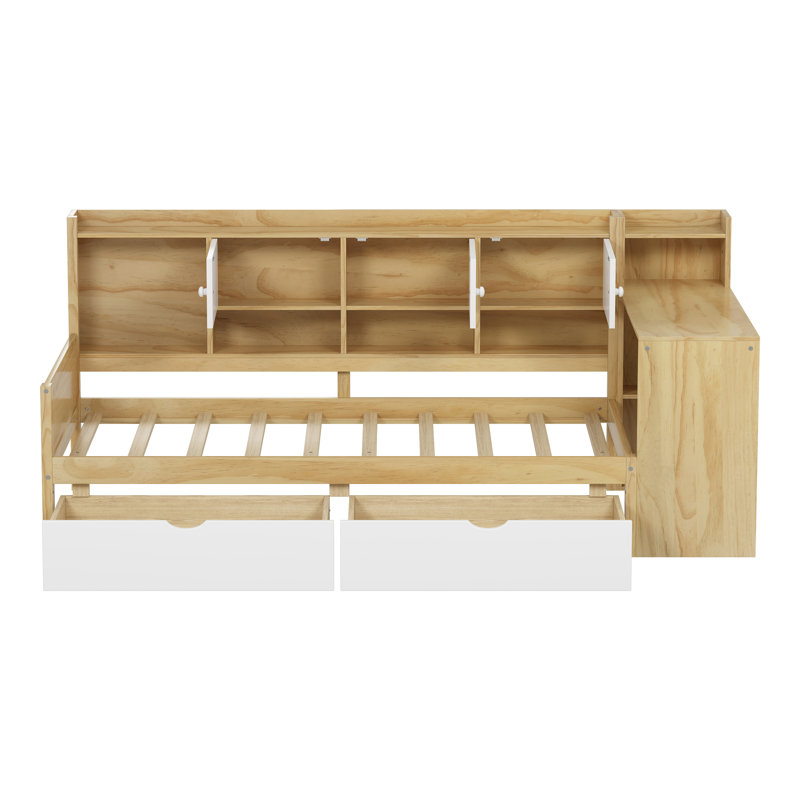 Multi-Functional L-Shape Daybed With Storage - Twin Size, Natural And White Two Large Drawers +
