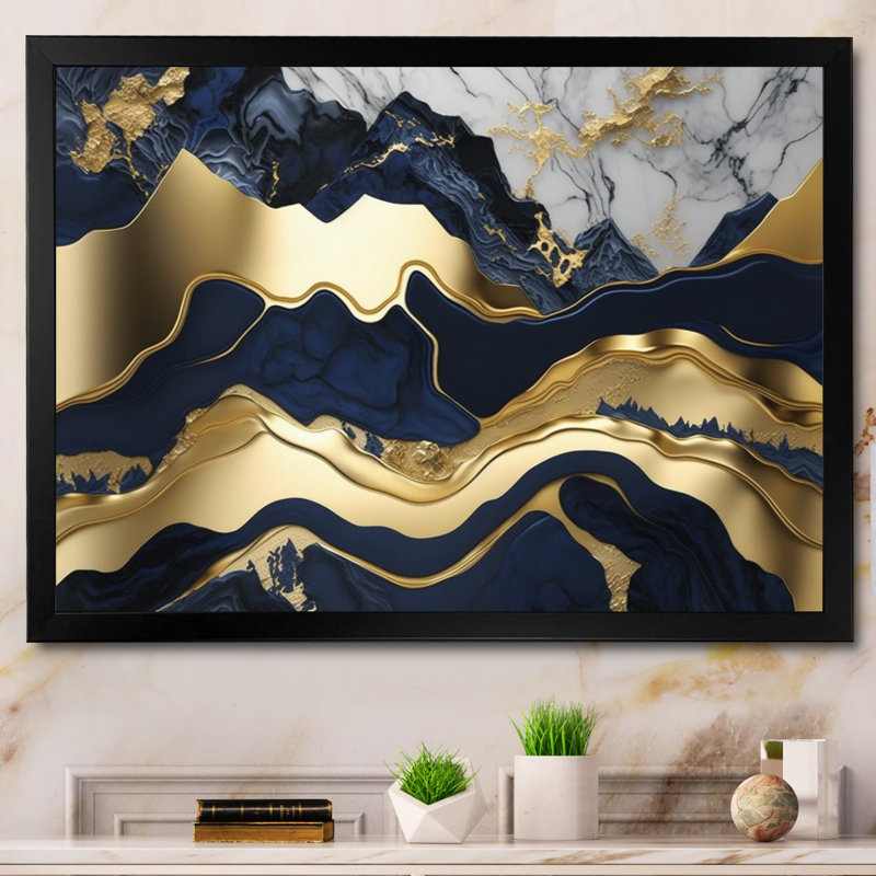 Rehoboth bleu et or captivant l'abstraction de marbre I, Cadre simple noir, H 30 po x l 40 po, Noir