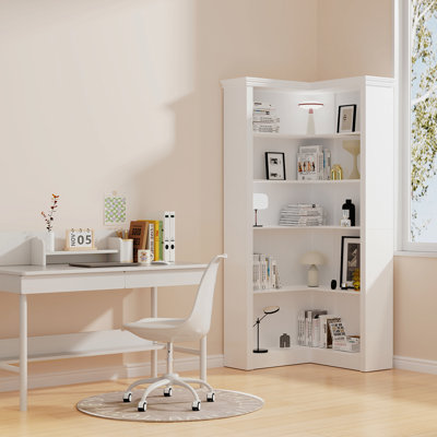Bibliothèque d'angle, bibliothèque ouverte à 5 niveaux, bonne texture, robuste et durable, haute protection de l'environnement, rangement, présentoir, lecture, guichet unique, chambre à coucher, salon, bureau, bibliothèque essentielle.