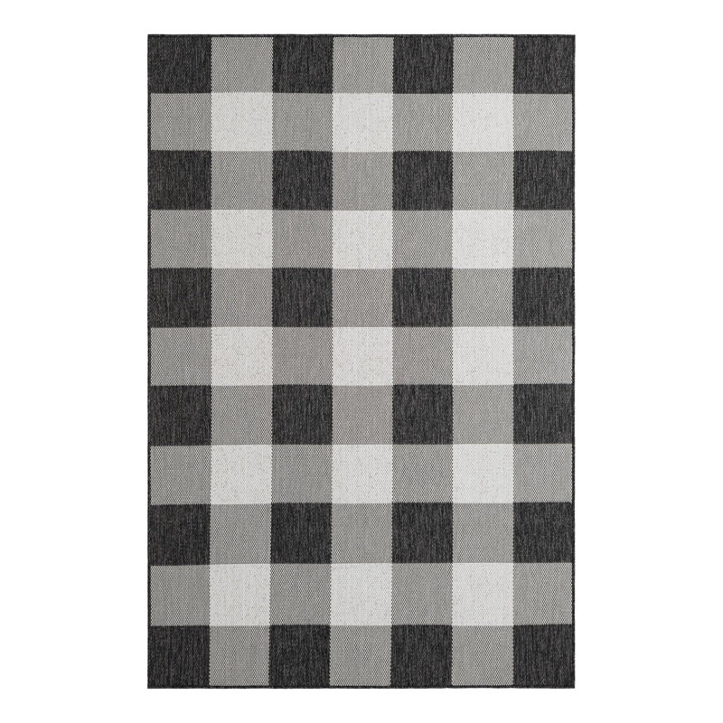 Tatasha Gingham Power Loom Polypropylene Plastic Indoor/Outdoor Area Rug in Black/White, Rectangle 5'3" x 8'