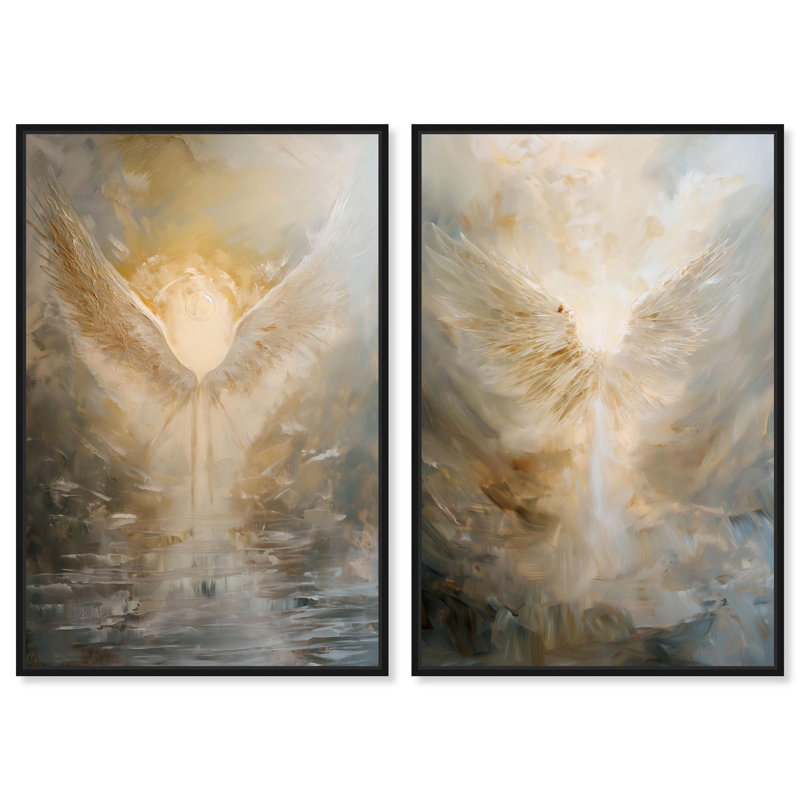 Ensemble de décoration murale bohème « Elysian Feathers Duet » sur toile dorée par Art Remedy, cadre noir, 10 x 15
