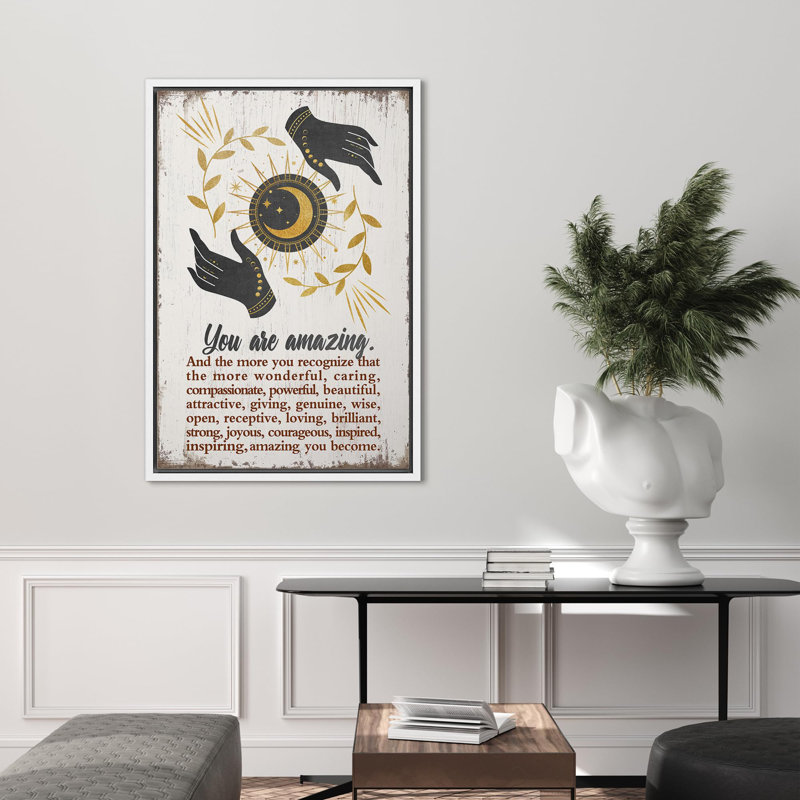 Golden Sun and Moon With Hands Inspirational Abstract Contemporary Relax / Calm, reproduction sur toile, Cadre blanc