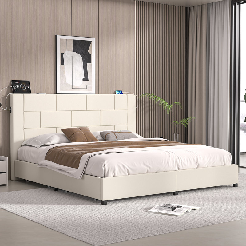 Base de lit très grand Denman avec 4 tiroirs de rangement et station de charge avec ports USB, Très grand, Beige