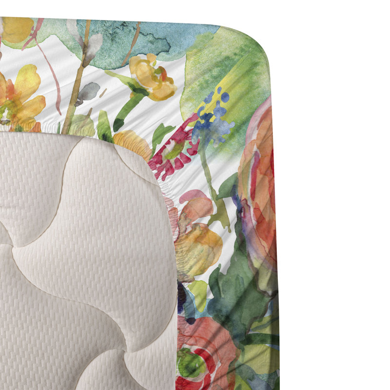 Ambesonne Watercolor Botany Sheet Set 4 Pcs Retro Boho Bloom, Coral Jade Green Mustard Floral