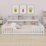 Floor Bed With Side Bookcase,Shelves,Guardrails