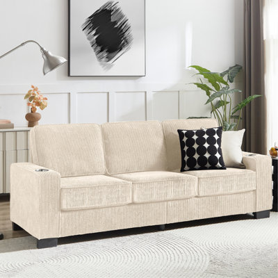 Velours côtelé beige à 3 places avec porte-gobelets avec accoudoirs intégrés, tissu doux et ressorts à haute résilience pour le salon Canapé moelleux de 83,86 po, bonne durabilité