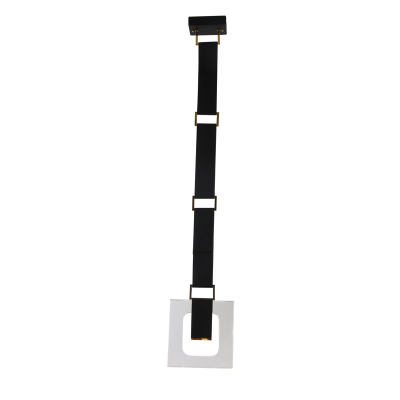 1-Light Black Leather Strap Pendant With A Clear Crystal Block, Gold/Black