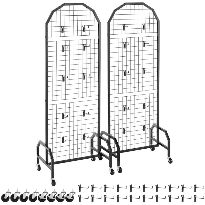 Grid Wall Panel Wire Display Rack with Wheels & Hooks