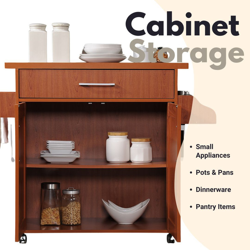 Kitchen Island with Spice Rack and Towel Holder, Storage Cart with Utensil Drawer, Interior Cabinet Storage and Locking Wheels