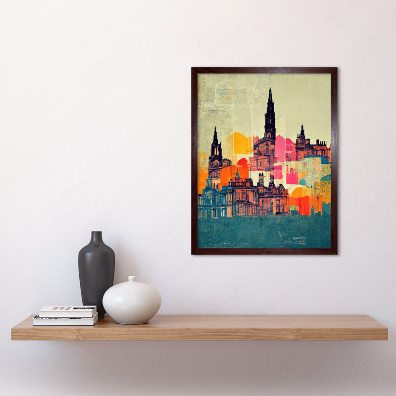 Boho Abstract Cityscape Skyline Folk - Print, Brown Framed Paper, 43cm H x 33cm W x 2cm D