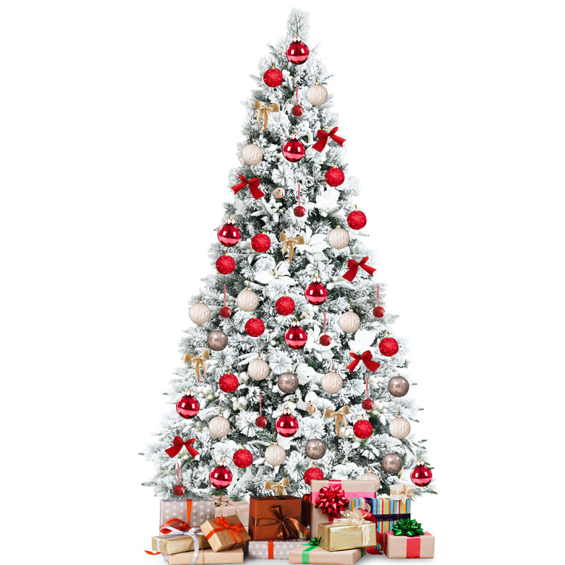 7-Foot Snow Flocked Pine Christmas Tree with White Berries and Flowers