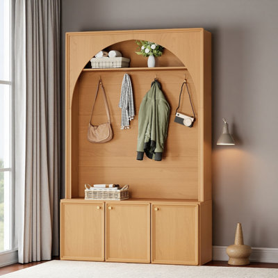 Farmhouse All-In-One Hall Tree With Adjustable Shelves, Retro Arched Entryway Storage Bench With 3 Cabinets