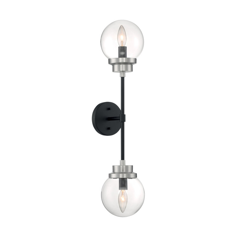 Breit 2-Light Dimmable Metal Bath Bar with Glass Globe Shades, Matte Black / Brushed Nickel Accents