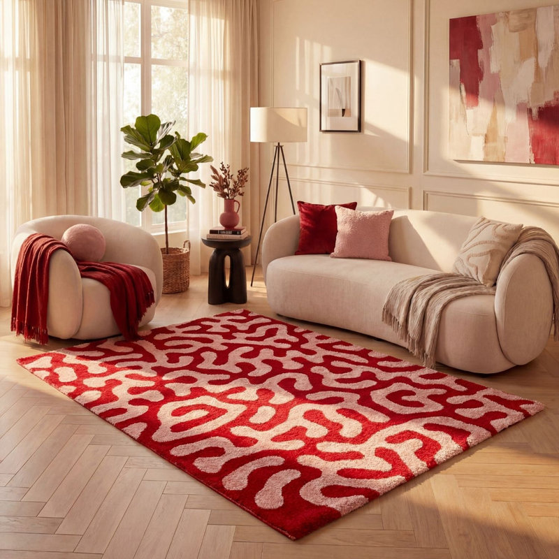 Joli Abstract Doodle Area Rug Soft Dense Pile for Living Rooms and Bedrooms, Rectangle 80 x 150 cm, Red/Pink
