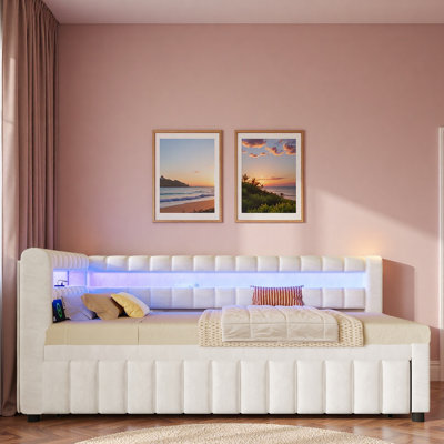 Lit de jour rembourré avec lumières DEL, ports USB et lit gigogne escamotable