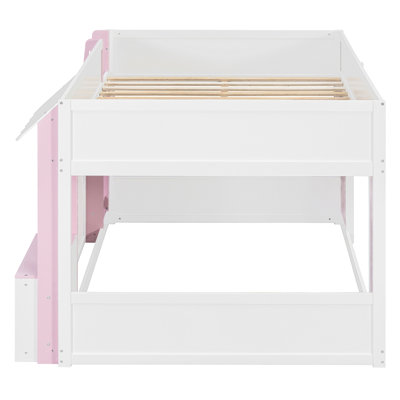 Lit mezzanine double avec maisonnette et rangement, lit en bois moderne pour enfants / adolescents, blanc et rose