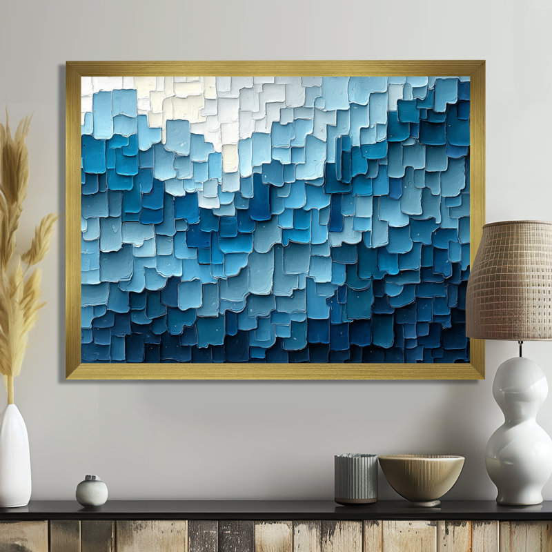 Denham Drip Paint of Blue Cubic Matrix V - Art mural peinture goutte à goutte, H 12 po x l 20 po, Cadre flottant, Or