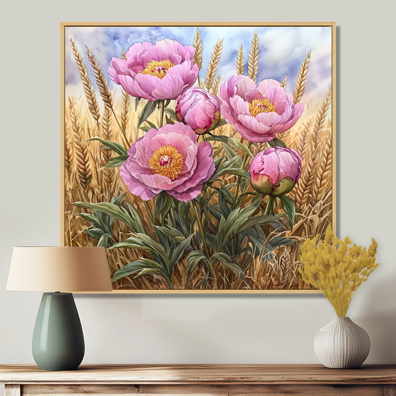 Pivoines dans le champ de blé III - pivoines, art mural, H 16 po x l 16 po, Impression encadrée flottante, Crème, crème