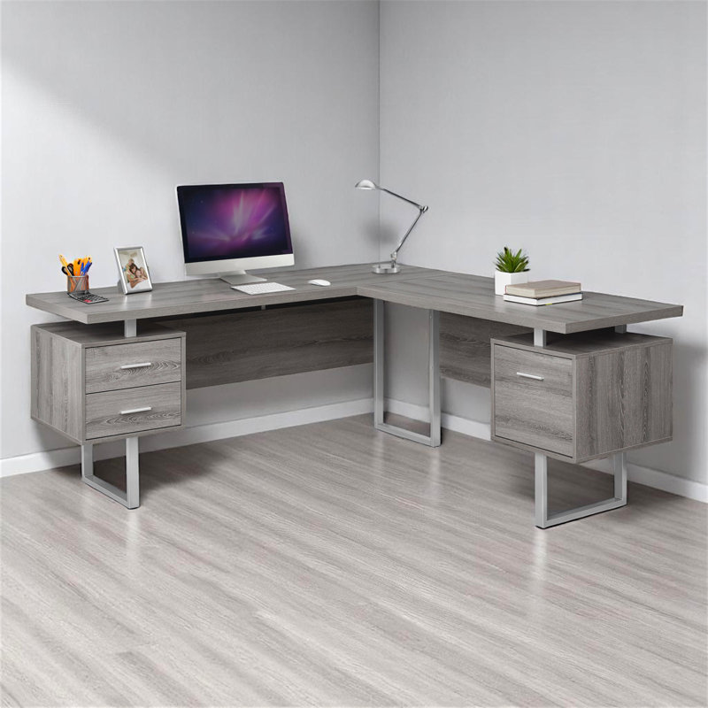 Iveliz Brown Finish 2-Drawers Computer Desk with Silver Metal Leg, 29.74" H X 70.81" W X 70.81" D