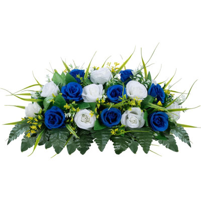 Artificial Dark Blue With White Rose Cemetery Headstone Flower Saddle 